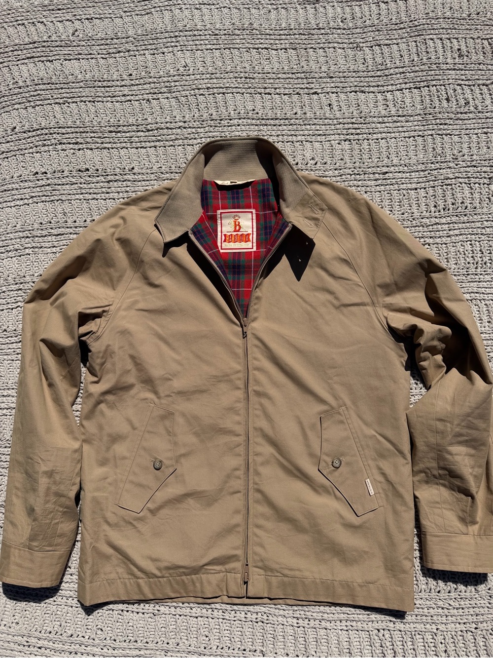 Baracuta G9 Harrington Jacket, Made in England, Tan with Fraser Tartan Lining